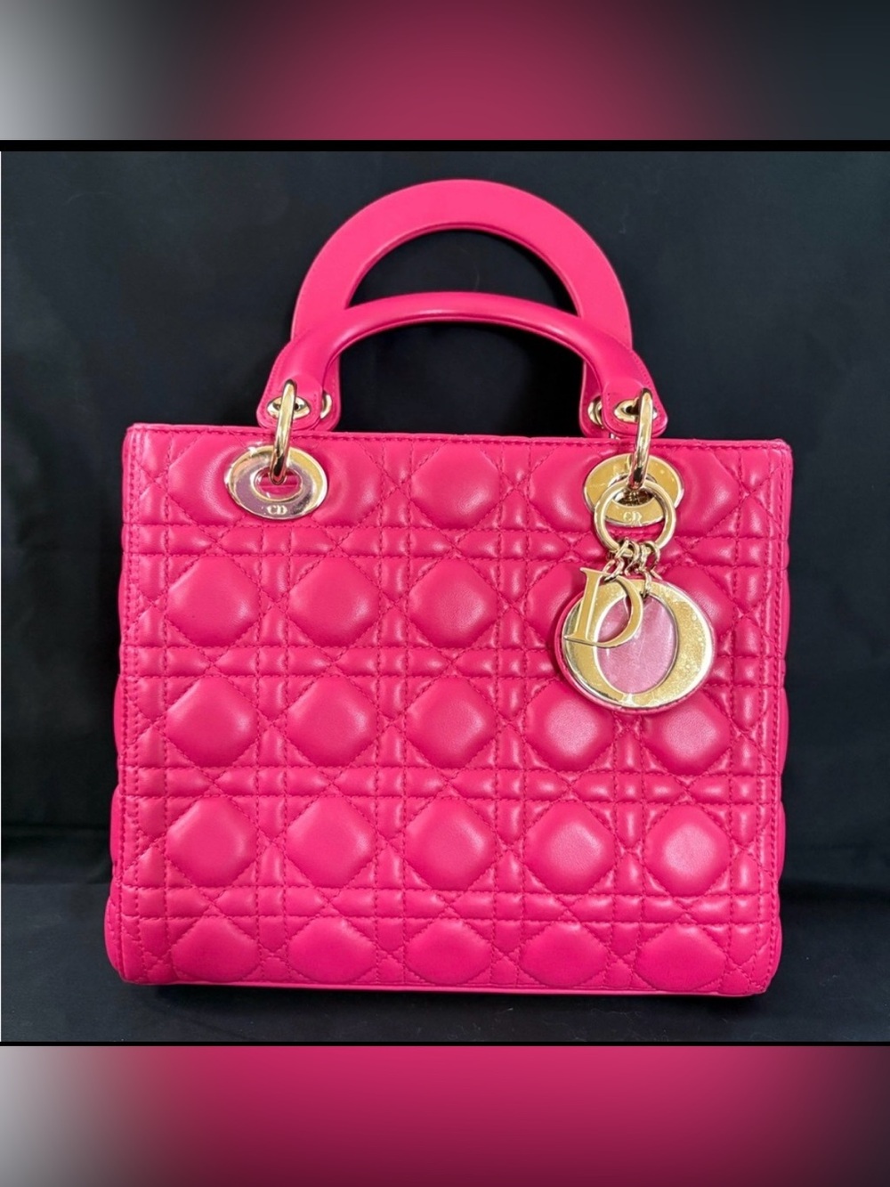 Christian Dior Hot Pink Quilted Lady Dior Top Handle Satchel Medium *Like
New